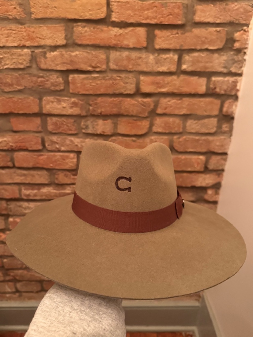 Wide Brim Fedora Hat in Camel with Brown Band